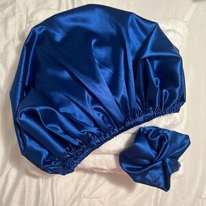 slumberSlip Blue Satin  Pillow Bonnet and Scrunchie Set.
